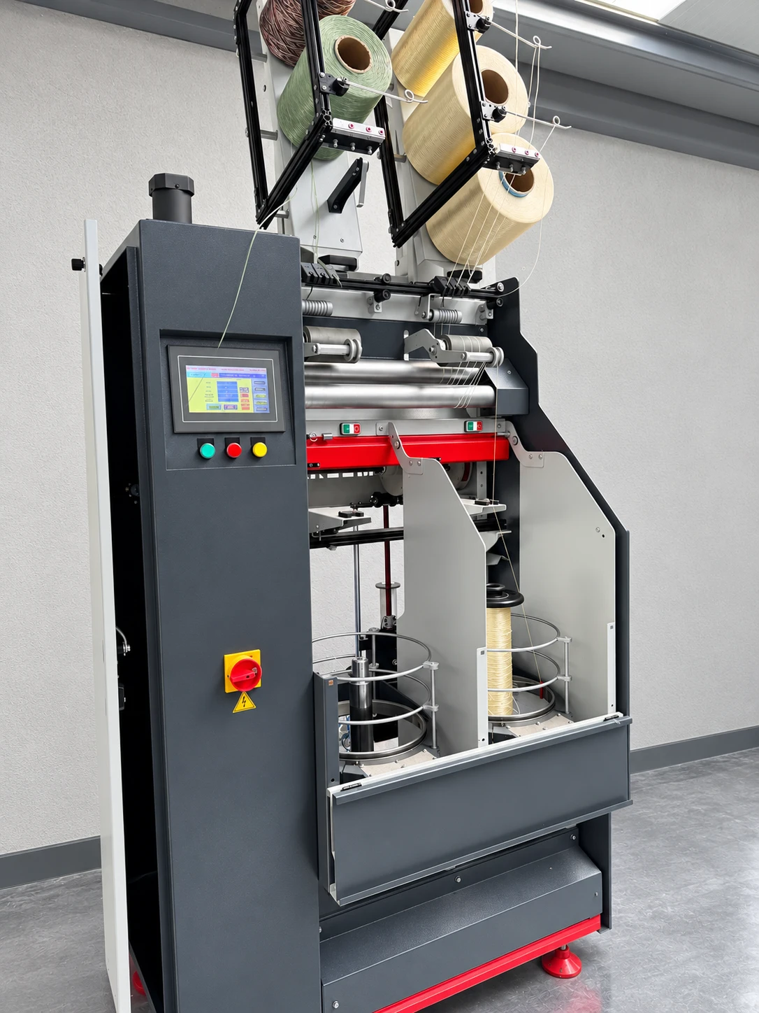 RE-300 · Compact machine with overhead creel
