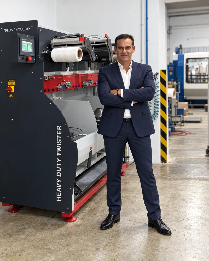 Toni beside a textile twisting machine